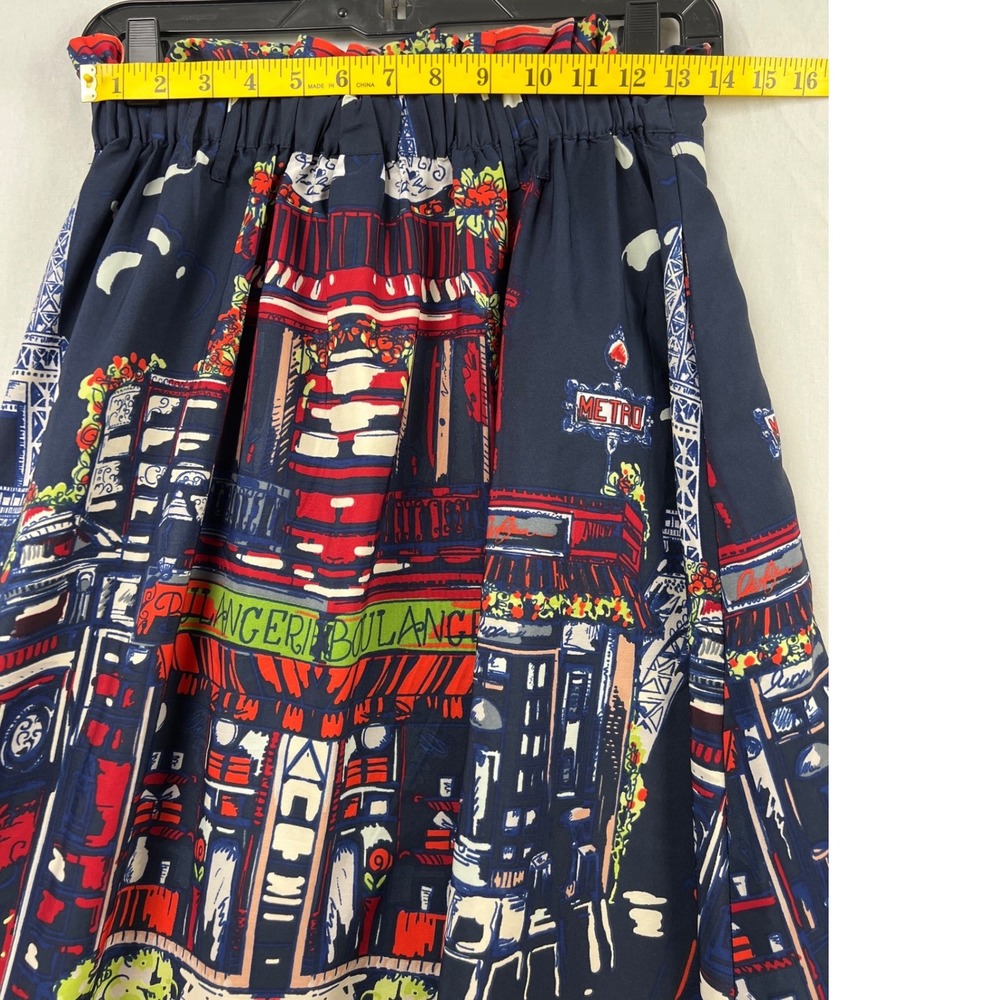 Her Destiny Midi Skirt Women Size Medium Navy Blue Paris Cityscape A-Line Pocket - Picture 7 of 10